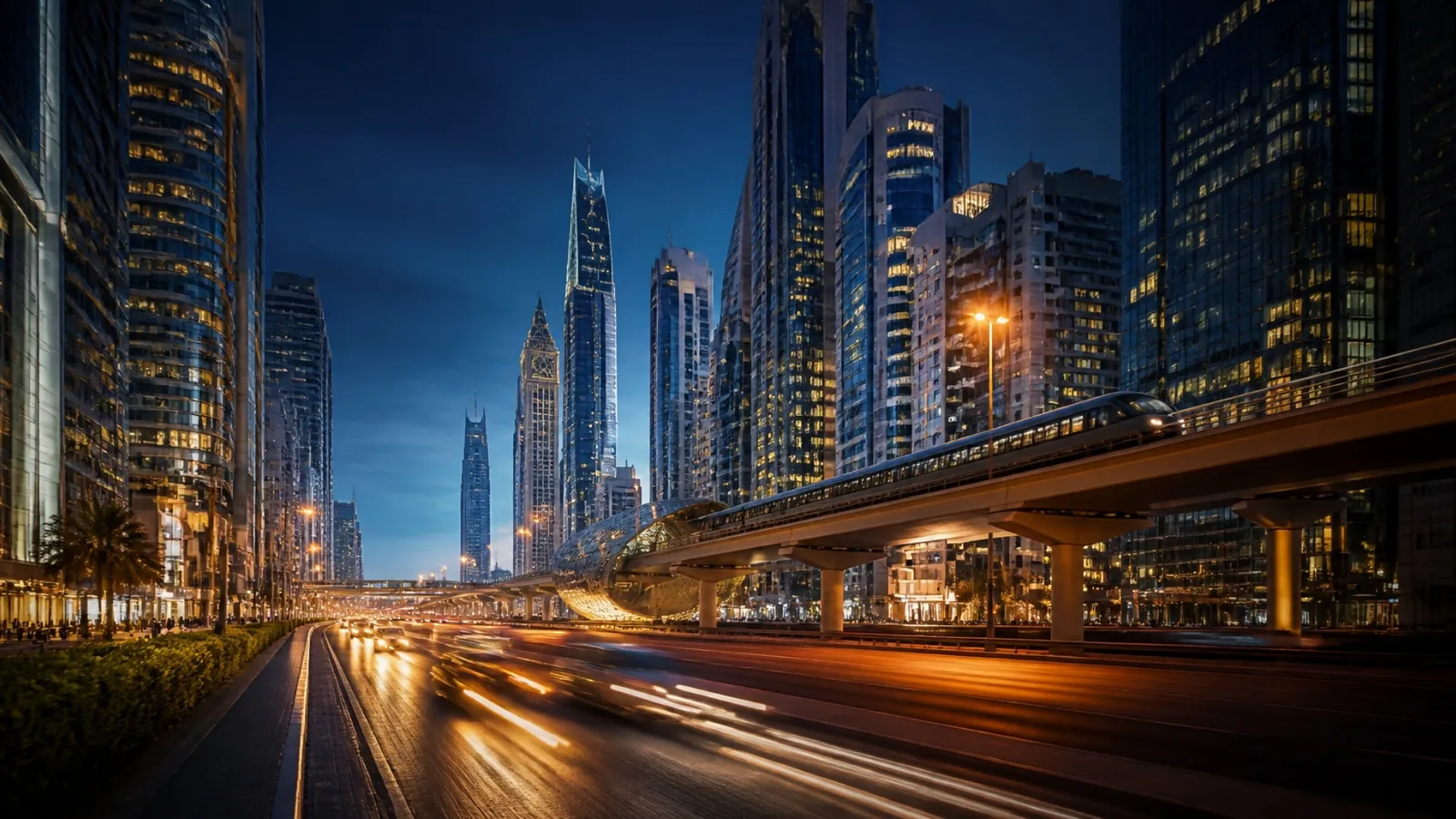 Dubai street at blue hour with the metro and light trails