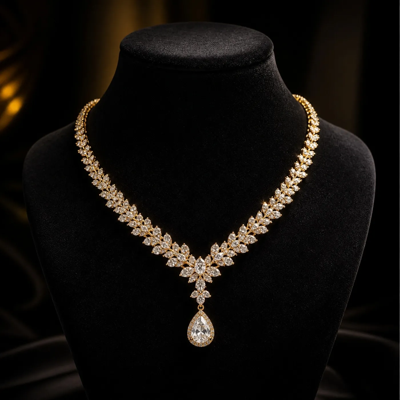 18K gold diamond necklace on a black velvet bust