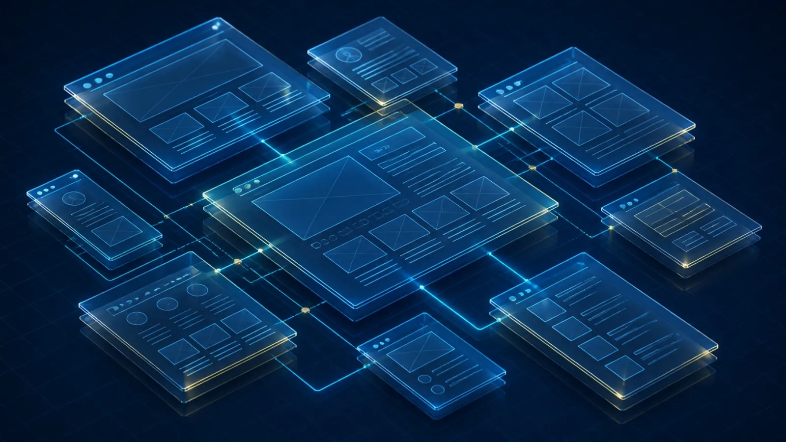 Isometric website blueprint with glowing page layouts
