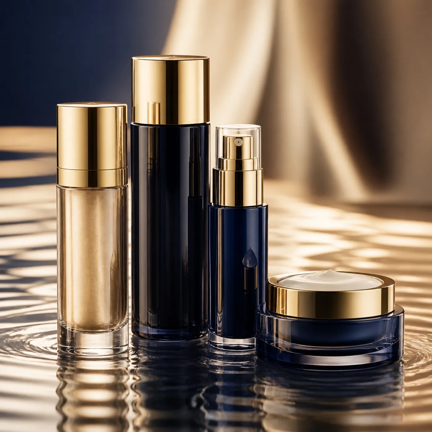 Luxury skincare bottles in shallow water