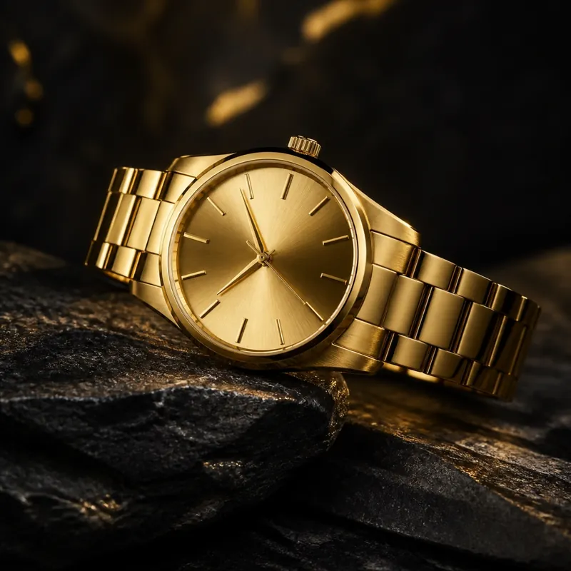 Gold wristwatch on dark stone